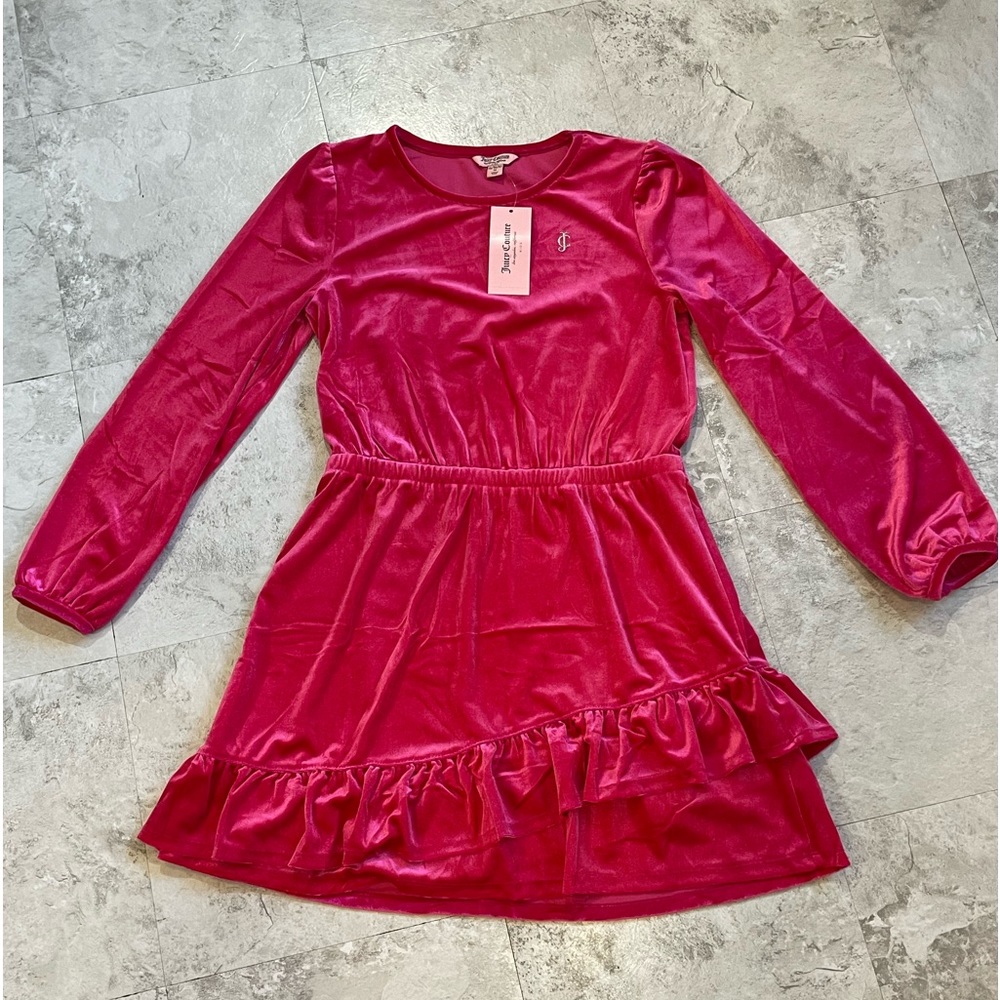 NWT JUICY COUTURE dress, kids size 16, hot pink long sleeve velvet ruffle hem